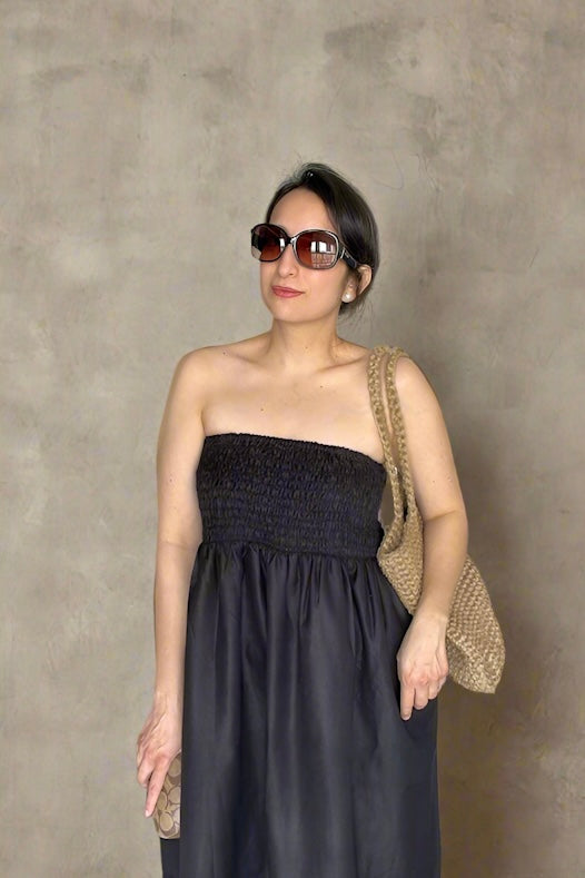 Blue Hour - Black Linen Strapless Midi Dress