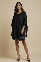 Calm Night Mini Dress in Midnight Black 100% pure silk, gathered neckline, tie sleeve and relaxed silhouette 