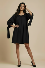 Calm Night Mini Dress in Midnight Black 100% pure silk, gathered neckline, tie sleeve and relaxed silhouette 