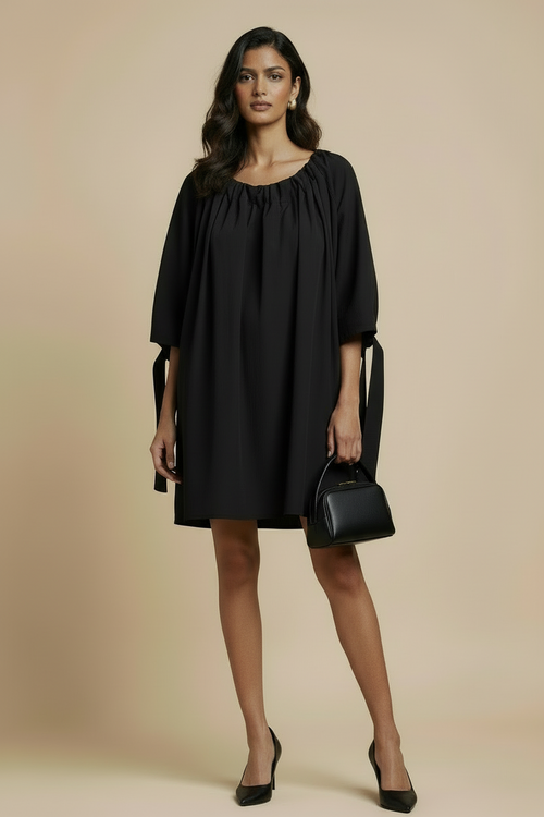 Calm Night Mini Dress in Midnight Black 100% pure silk, gathered neckline, tie sleeve and relaxed silhouette 