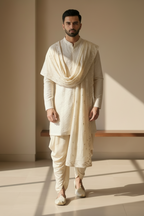 Ivory Canvas Men's Cream Silk Chikankari Kurta Dhoti Set