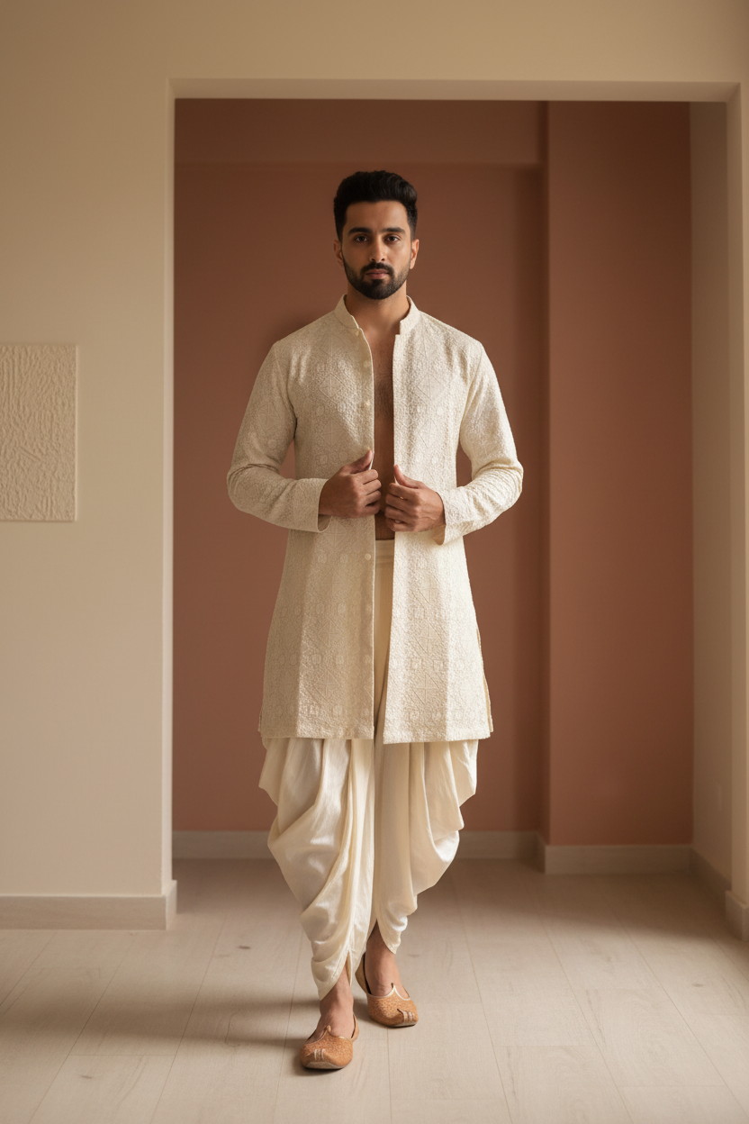 Ivory Canvas Men's Cream Silk Chikankari Kurta Dhoti Set