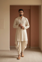 Ivory Canvas Men's Cream Silk Chikankari Kurta Dhoti Set