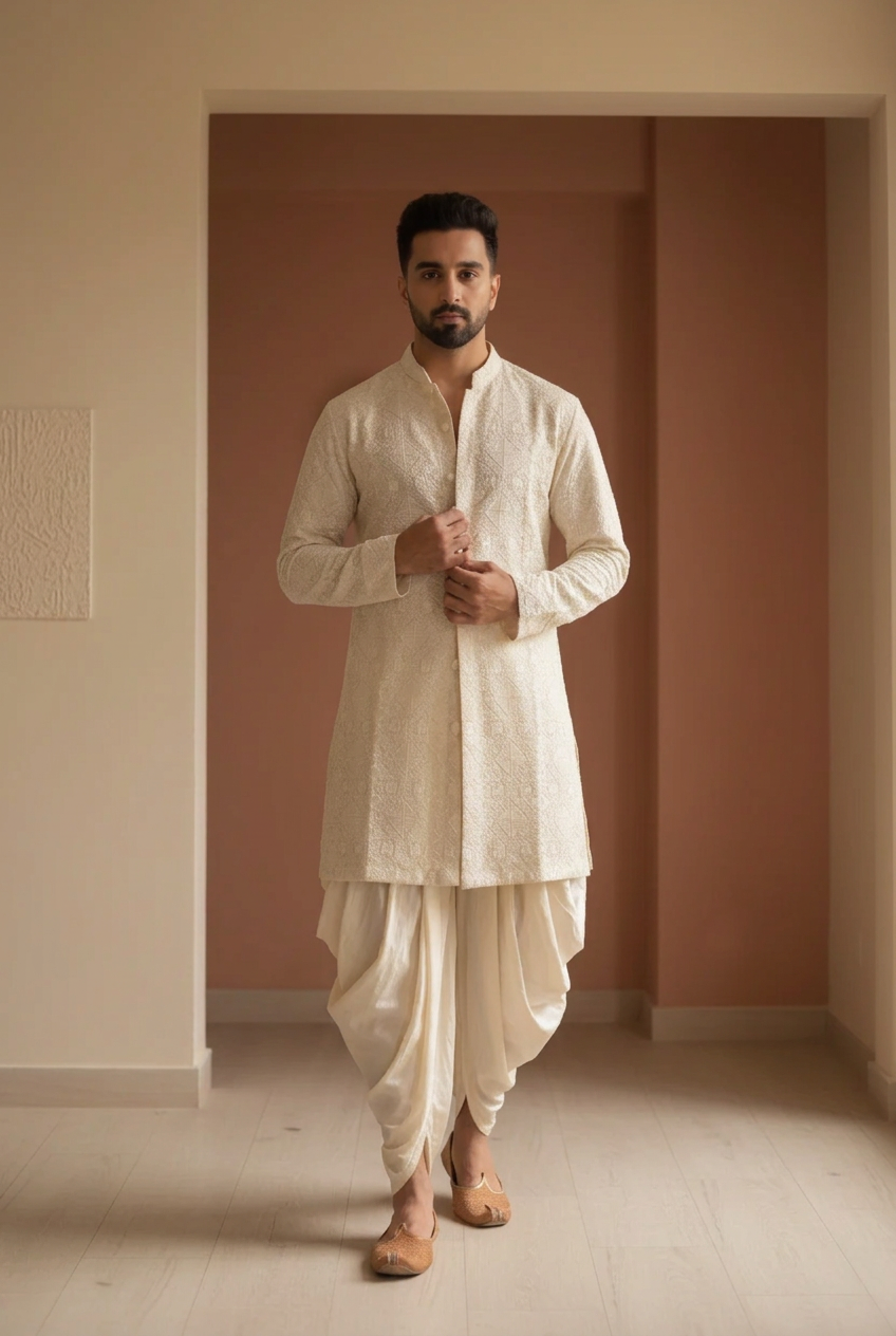 Ivory Canvas Men's Cream Silk Chikankari Kurta Dhoti Set