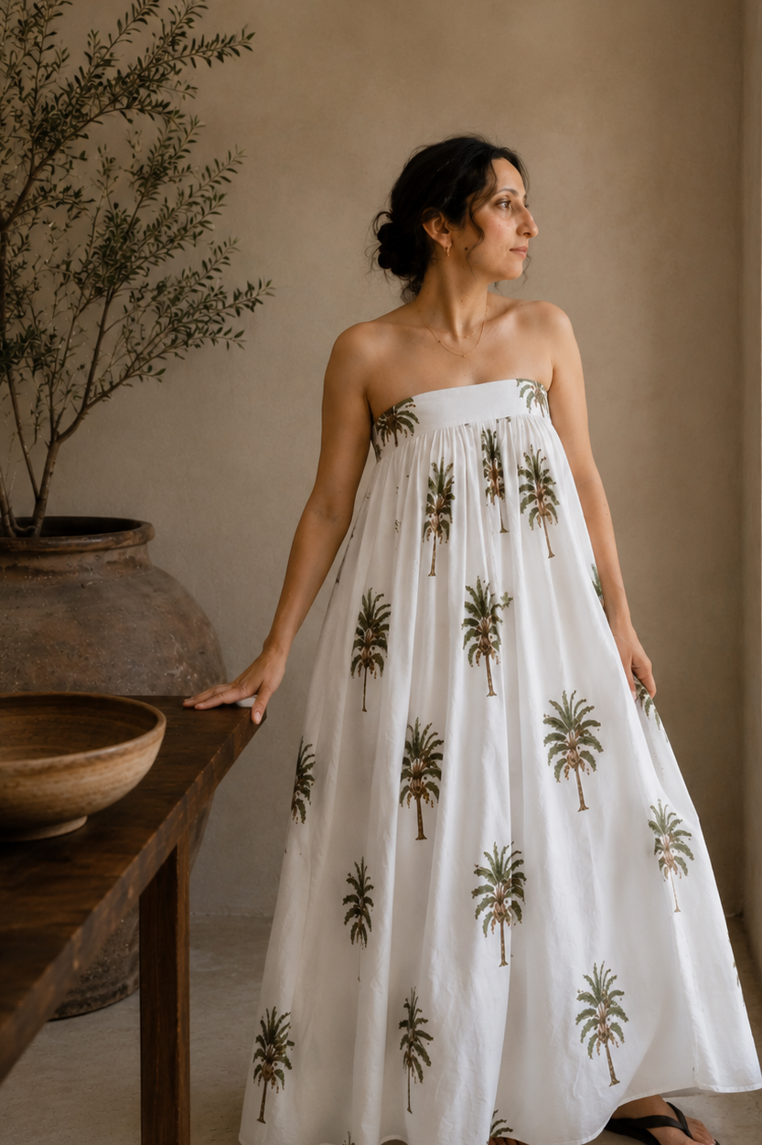 Side view of Palm Breeze maxi dress showing relaxed silhouette in Sanganeri cotton
