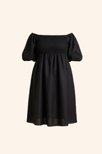 Palm dress in midnight black linen with shirred bodice and puff sleeves.