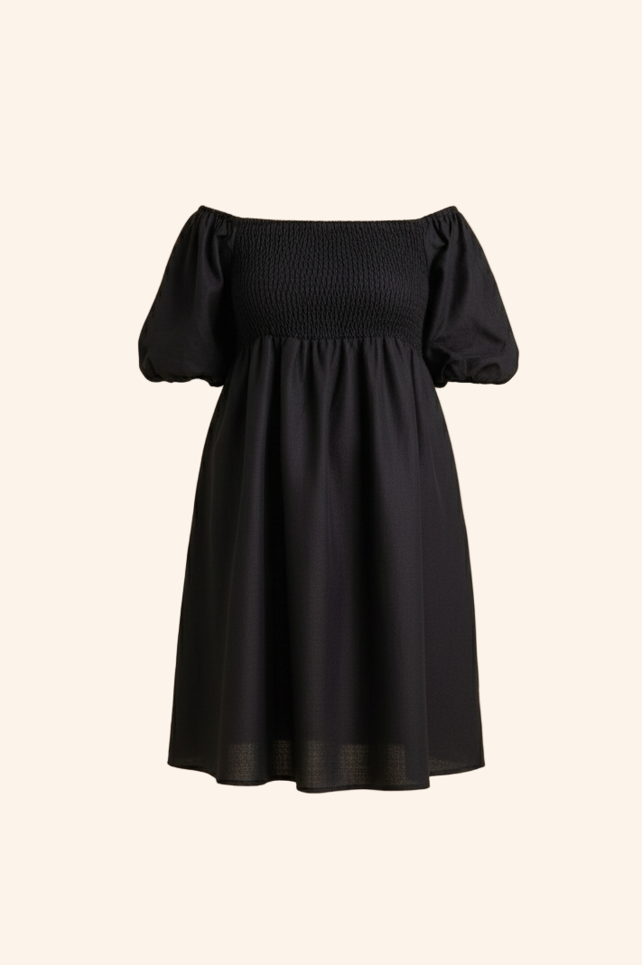 Palm dress in midnight black linen with shirred bodice and puff sleeves.