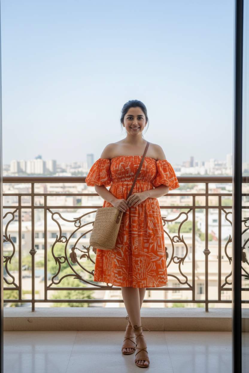Woman wearing an orange patterned cotton midi dress with shirred bodice and puffed sleeves, worn off shoulder, standing in a balcony with city view