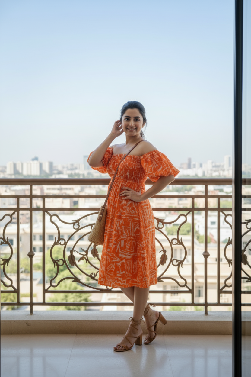 Woman wearing an orange patterned cotton midi dress with shirred bodice and puffed sleeves, worn off shoulder, standing in a balcony with city view