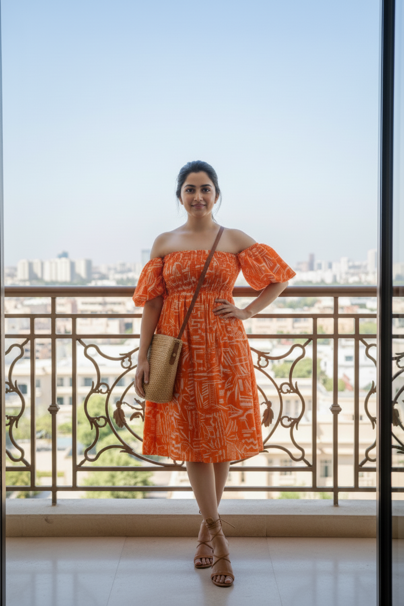 Woman wearing an orange patterned cotton midi dress with shirred bodice and puffed sleeves, worn off shoulder, standing in a balcony with city view