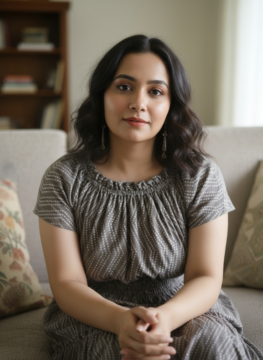 Woman in Seashell Grey Midi Dress in Mulmul Cotton, sitting on a couch in a home setting