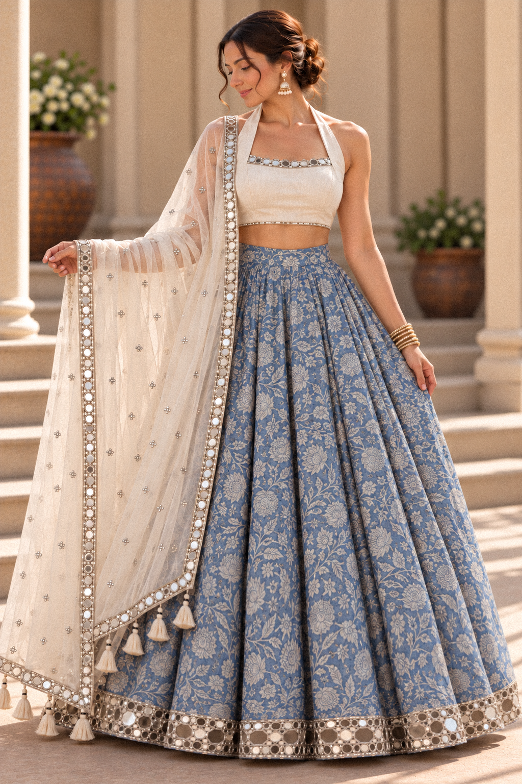 A woman models a traditional Indian lehenga choli set outdoors. The outfit features a light blue floral-patterned skirt (lehenga) with a white embroidered border, a white sleeveless halter crop top (choli), and a white dupatta with silver mirror work and tassels.