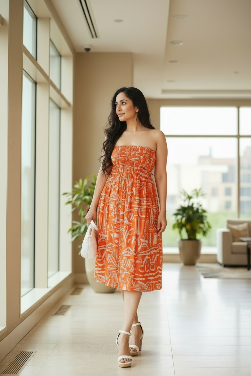 Woman in Sundown strapless midi dress in mulmul cotton with shirred bodice - front view, standing in a modern indoor setting with large windows.