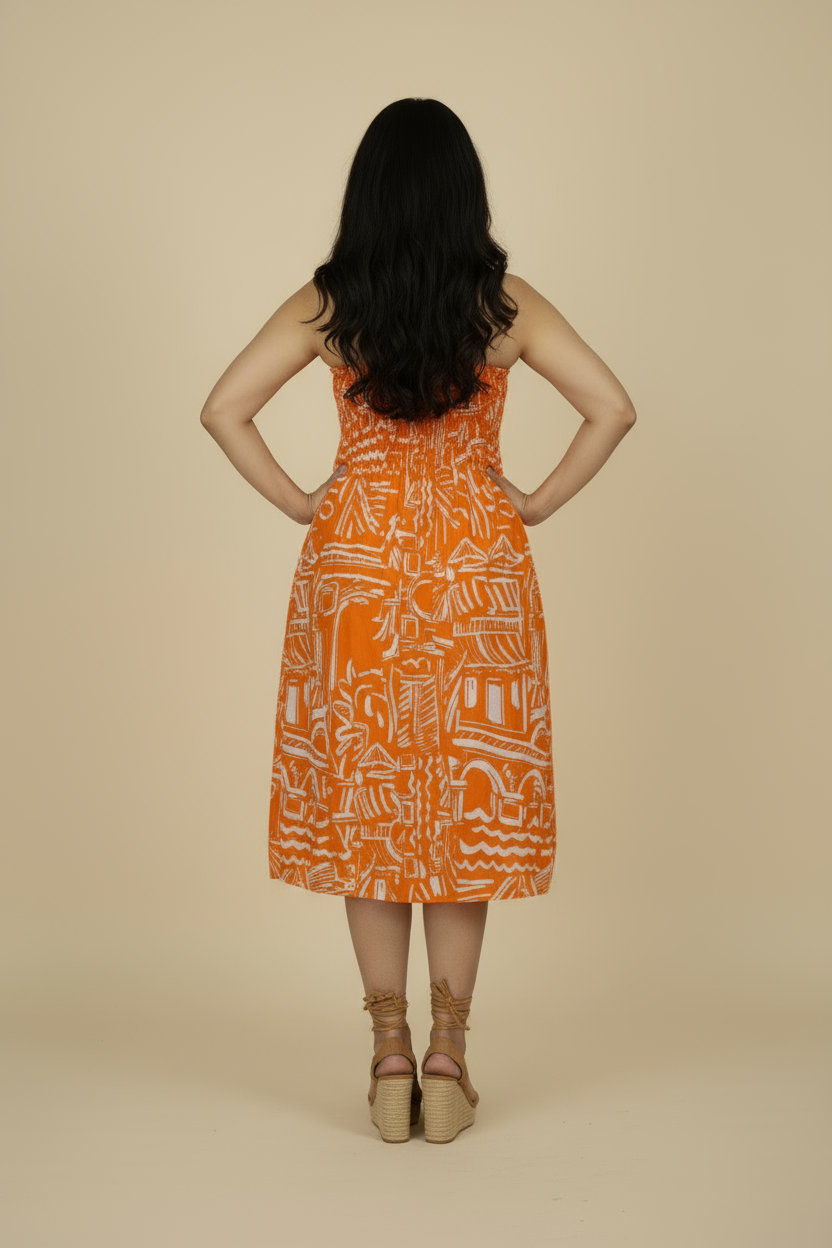 Woman in Sundown strapless midi dress in mulmul cotton with shirred bodice - back view, standing in a studio.