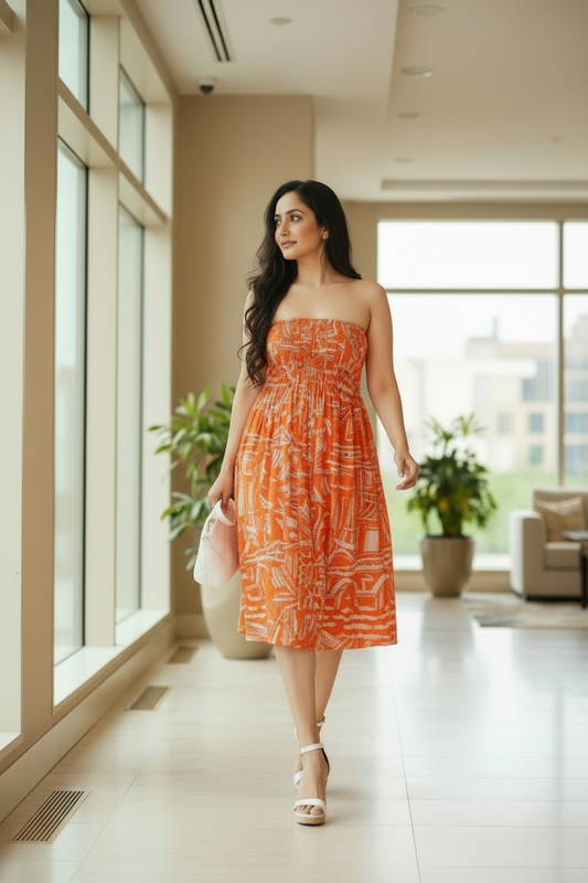 Woman in an orange dress walking in a modern building with large windows.