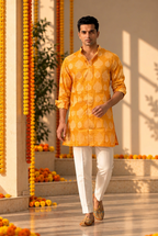 Marigold Heritage Men's Saffron Chanderi Silk Kurta Set