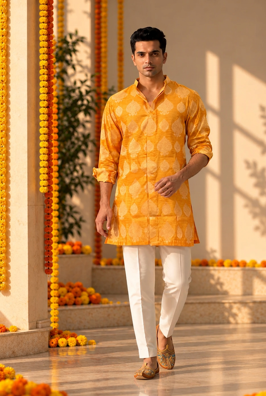 Marigold Heritage Men's Saffron Chanderi Silk Kurta Set