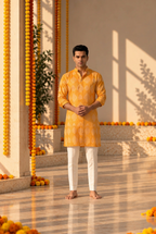 Marigold Heritage Men's Saffron Chanderi Silk Kurta Set