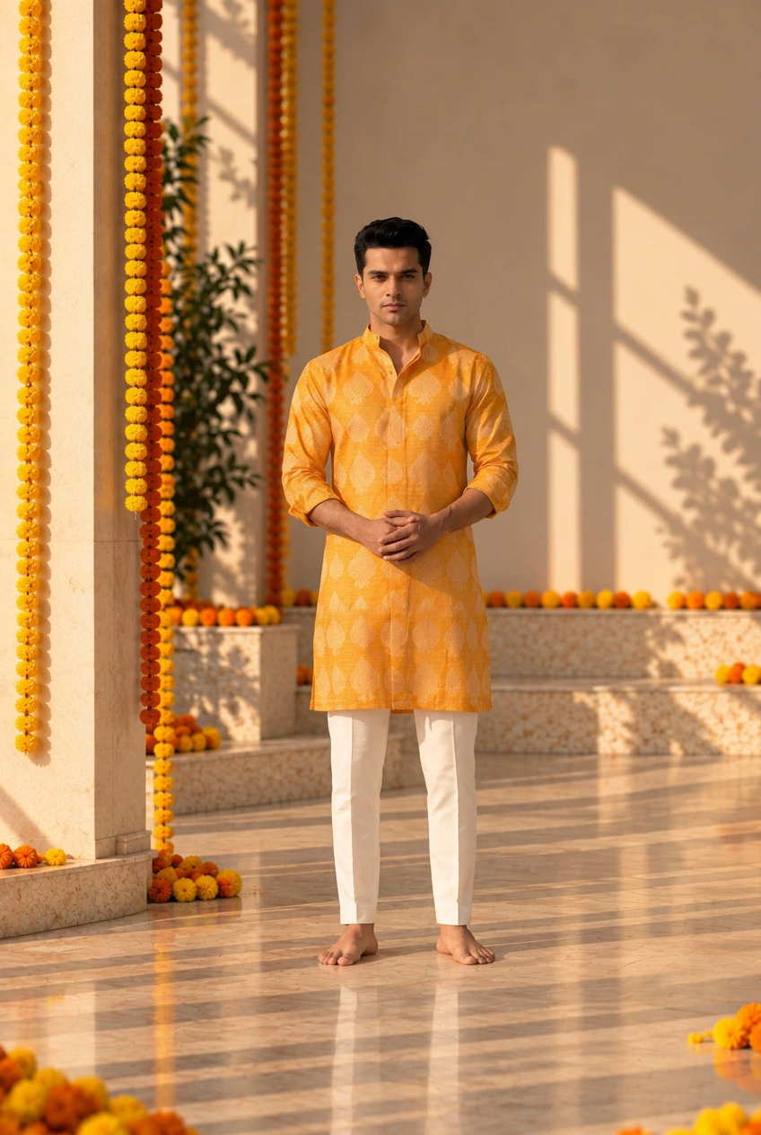 Marigold Heritage Men's Saffron Chanderi Silk Kurta Set