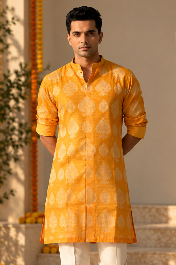 Marigold Heritage Men's Saffron Chanderi Silk Kurta Set
