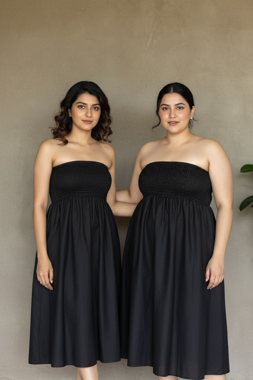 Two women wearing black strapless dresses against a beige wall.