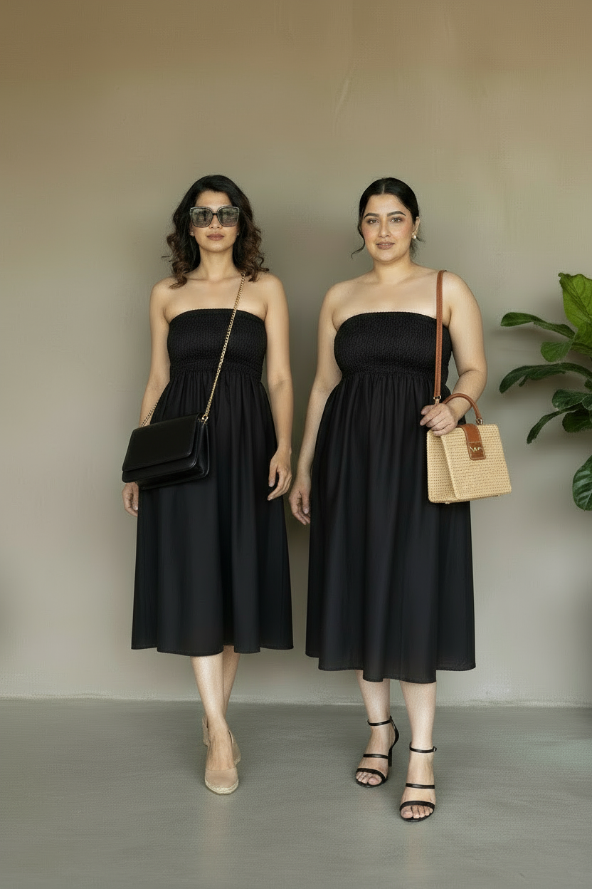 Two women wearing black strapless dresses standing against a plain background.
