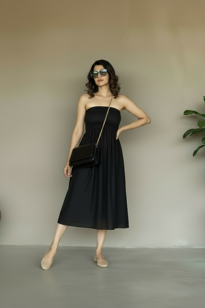 Woman in a black strapless dress holding a black clutch against a plain background