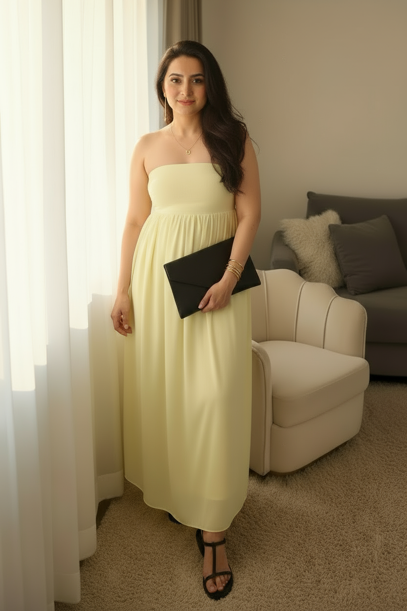 Woman in a light yellow dress holding a black clutch in a living room.