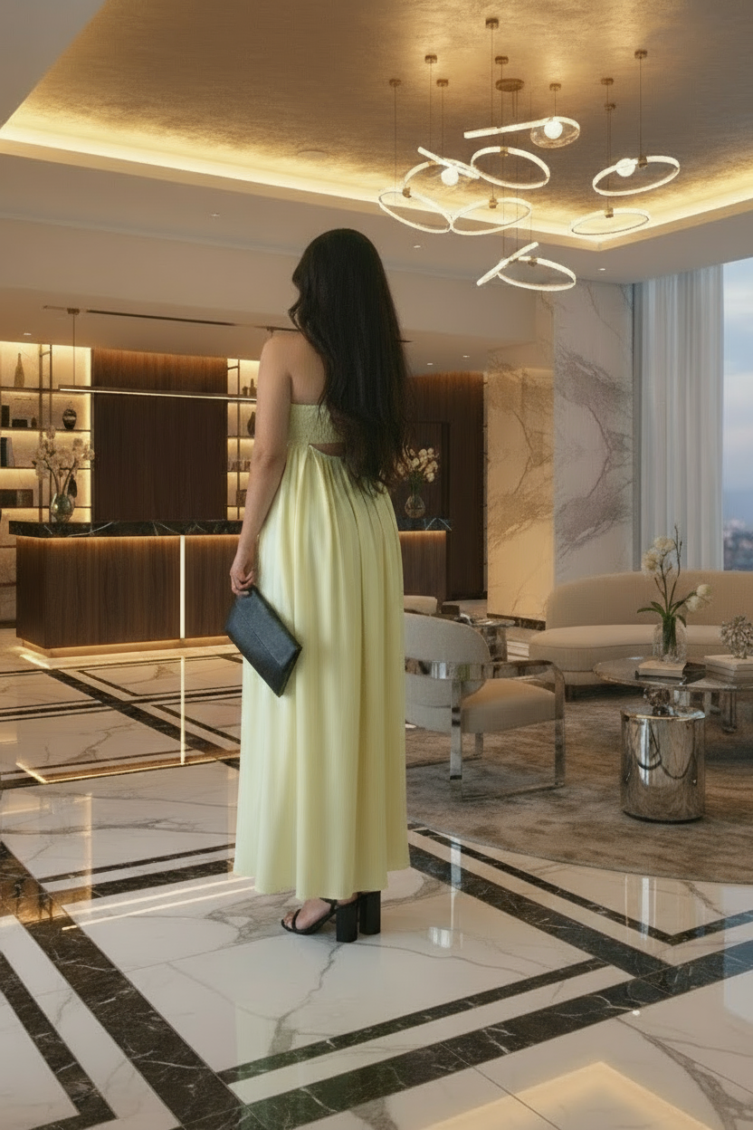 Woman in a yellow dress standing in a luxurious lobby with marble floors and modern decor.