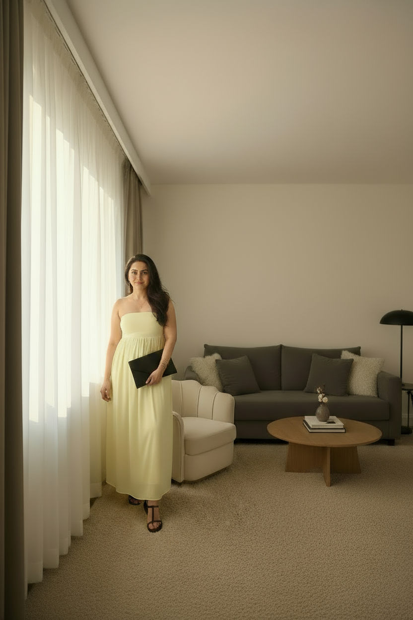 Woman in a yellow dress standing in a modern living room.