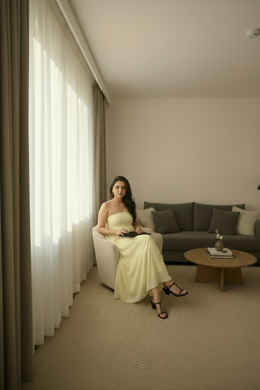 Woman in a yellow dress sitting on a couch in a modern living room.