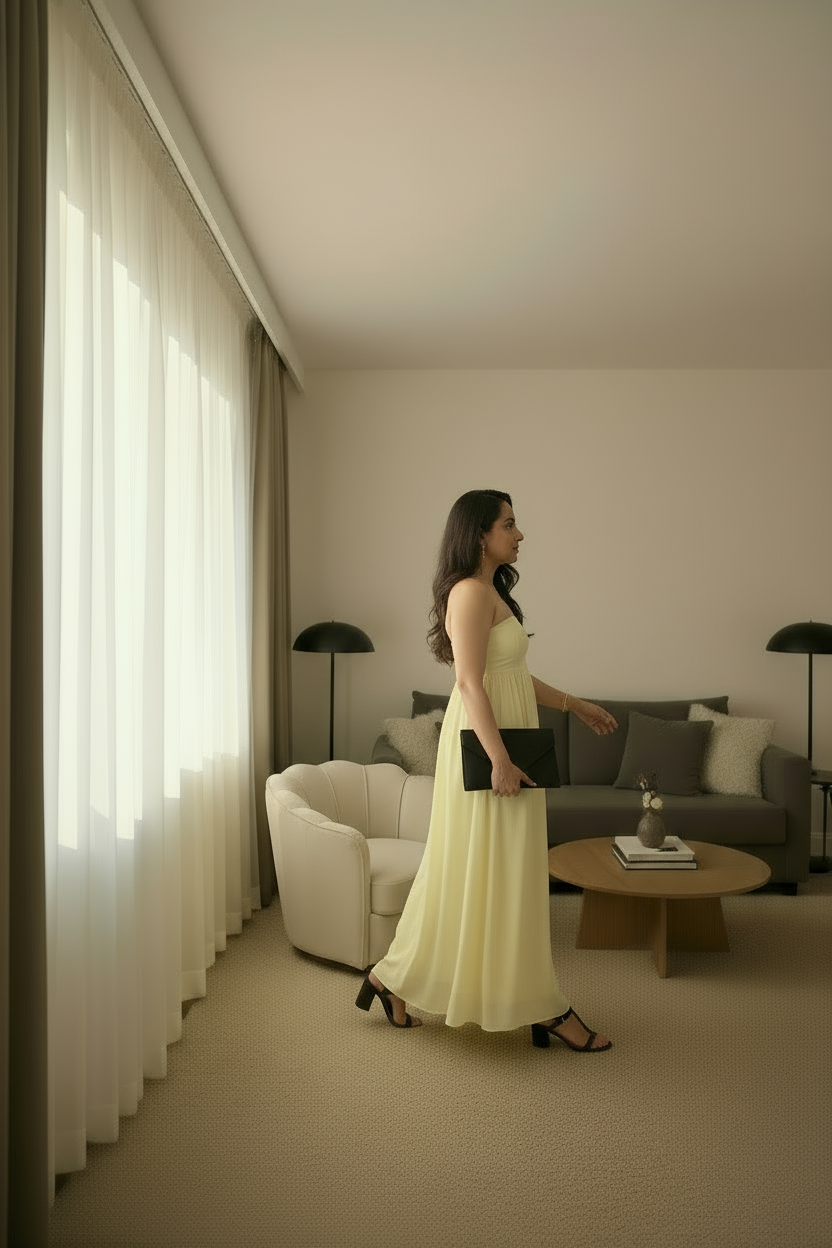 Woman in a yellow dress standing in a living room with a sofa and coffee table.