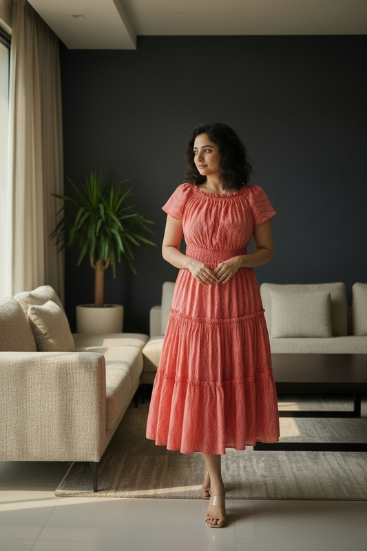 Woman in a coral dress standing in a modern living room.