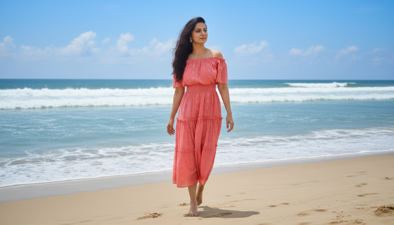 Woman in a pink dress standing on a beach with ocean waves in the background