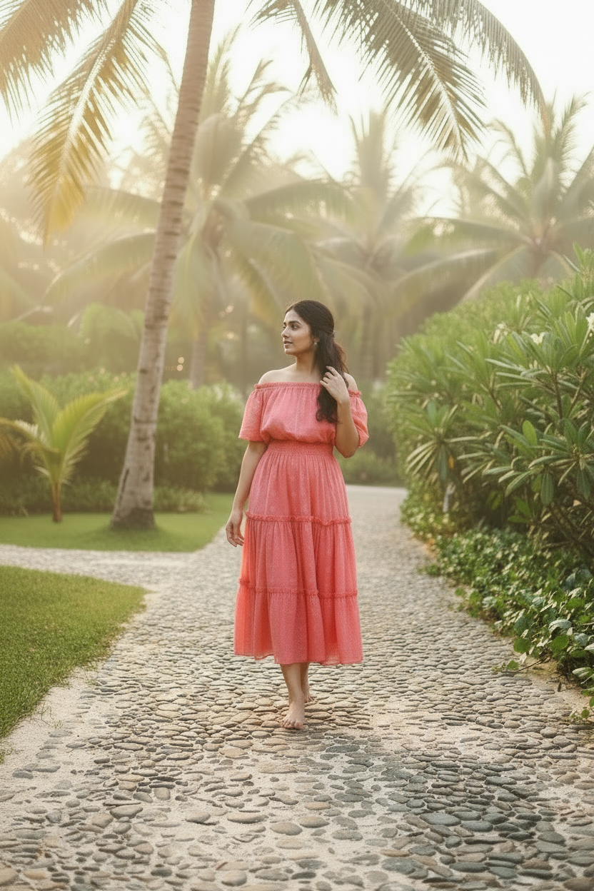 Woman in a pink dress walking on a stone path with palm trees in the background