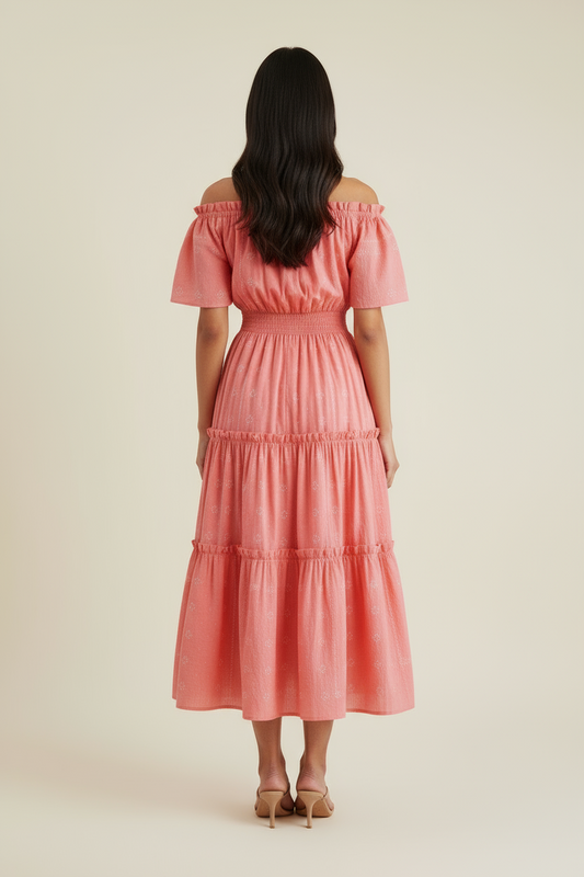 Back view of Flamingo pink midi dress showing tiered layers and shirred waist