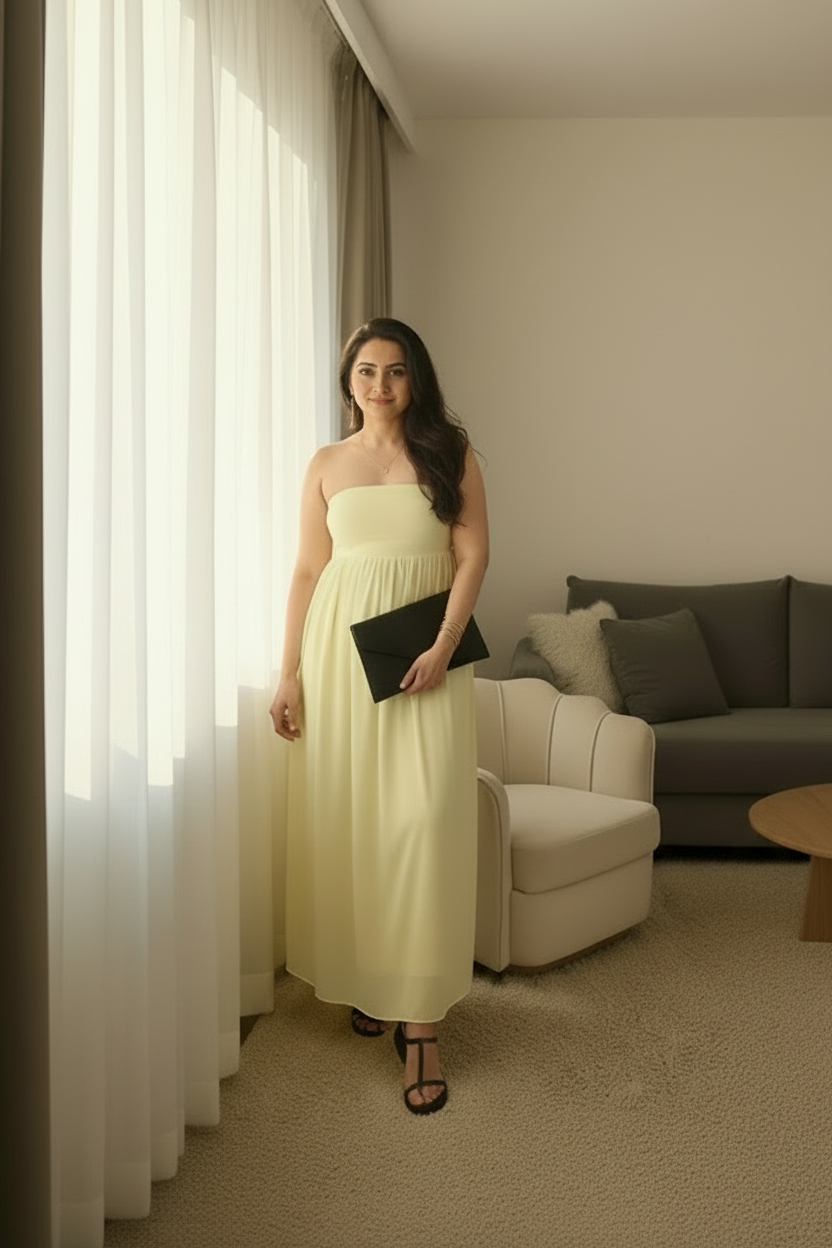 Woman in a light yellow dress standing in a living room.