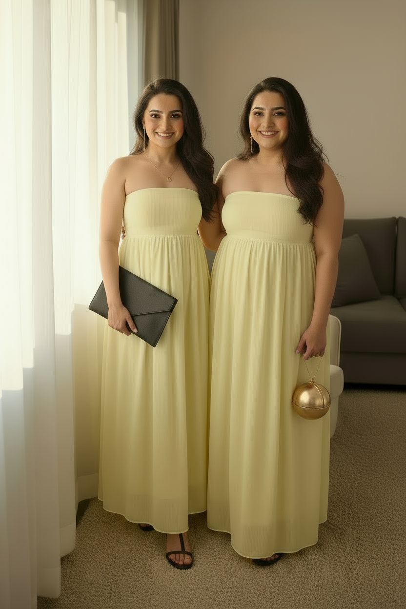 Two women in yellow dresses standing in a room with a couch and window.